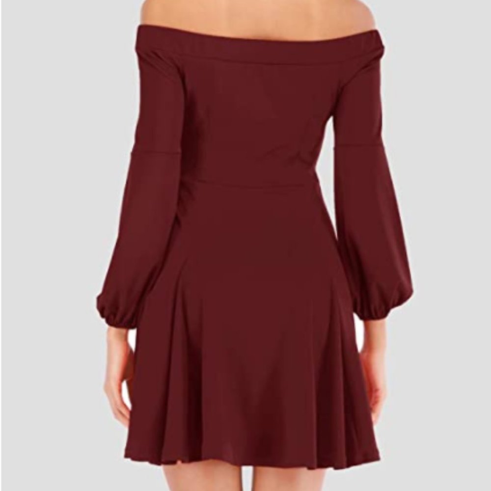 NWT Wine Off Shoulder Puff Sleeve Pockets Dress - Picture 3 of 3